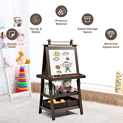 Image of GLACER All-in-One Double Sided Painting Easel for Kids with 2 Storage Bins, Paper Roll, Magnetic Whiteboard & Chalkboard, Gift for Boys & Girls (Coffee)