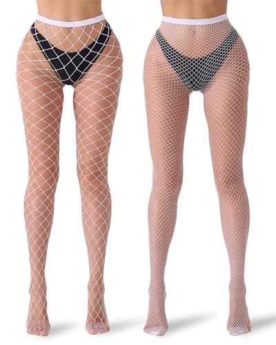 Tiger Wang Fishnet Stockings for Women 2-Pack: White Tights (Large/Small Mesh) | Carnival Cosplay & Sexy Stockings for Women