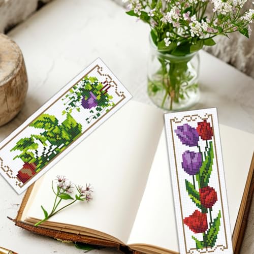 Image of INFUNLY 6PCS Flower Plants Cross Stitch Bookmark Kit for Adults Tulip Sunflower Cross Stitch Kits DIY Crossstitch Kit Green Leaf Stamped Embroidery Bookmark Kits with Instructions for Book Lovers
