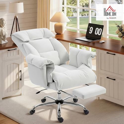 Image of HOMCOM Executive Office Chair Comfy with Foot Rest, Reclining Swivel Computer Desk Chair with High Folding Back, Thick Cushion, Padded Armrest, Adjustable Height, Rolling Wheels, Cream White