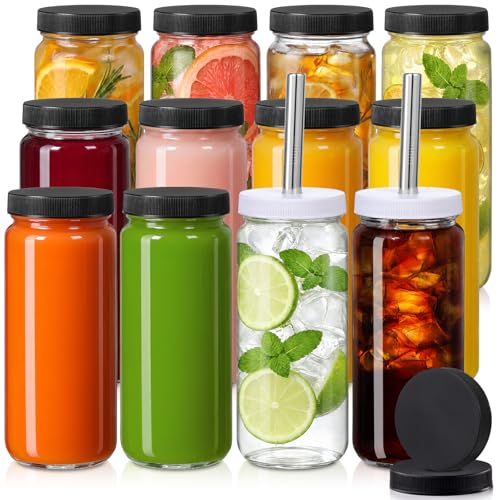 Image of 12 PACK 16OZ Glass Juice Bottles with 12 Sealed Lids & 2 Straw Lid & Straws | Food Grade Thick Glass, Freezable, Airtight Juicer Container, Travel Juicing Jars, Drinking Water Cups for Tea, Smoothies