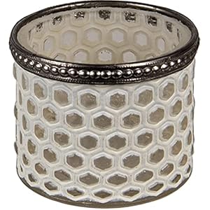 Clayre & Eef Glazen Theelichthouder Ø 7 * 6 cm Wit Glas, Metaal Rond Waxinelichthouder Windlichthouder