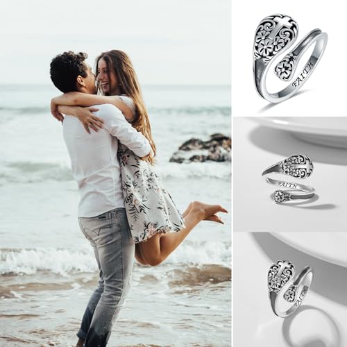 925 Sterling Silver Cross Spoon Ring - Oxidized Vintage Flower Faith Rings Adjustable Size Inspirational Jewelry3