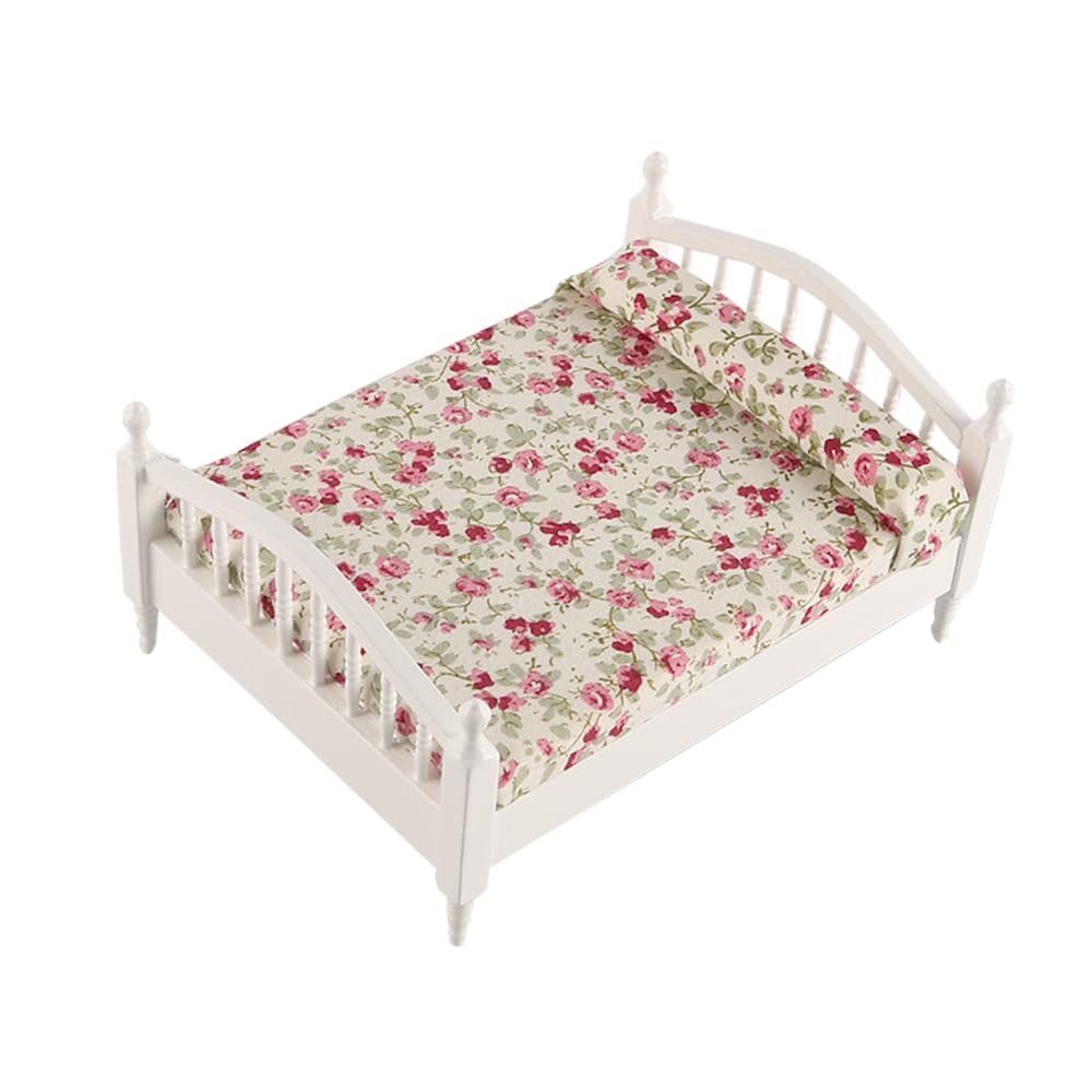 FONGKNOX 1/12 Miniature Double Bed Flower Pattern Miniature Dollhouse Double Bed Wooden Furniture for Dolls House Bedroom Decoration