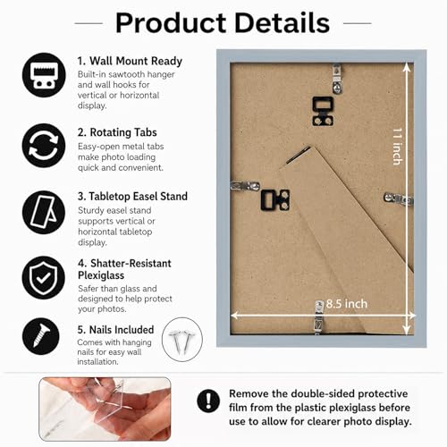 Image of 8.5x11 Picture Frame Rustic White for Wall Hanging or Tabletop, Wall Mounting Horizontally or Vertically, 8.5 x 11 Wall Gallery Poster Photo Frame with Durable Shatter Resistant Plexiglass, Rustic