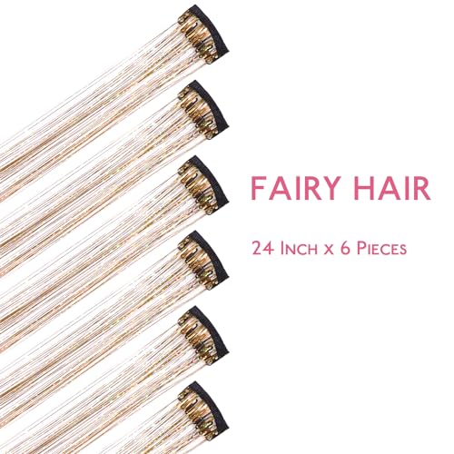 Image of WENNALIFE Hair Tinsel Clip In for Girls Gold, 6pcs 24 inch Clips Tinsel Hair Extensions Clip in Colorful Glitter Clips Sparkle Fairy for Kids