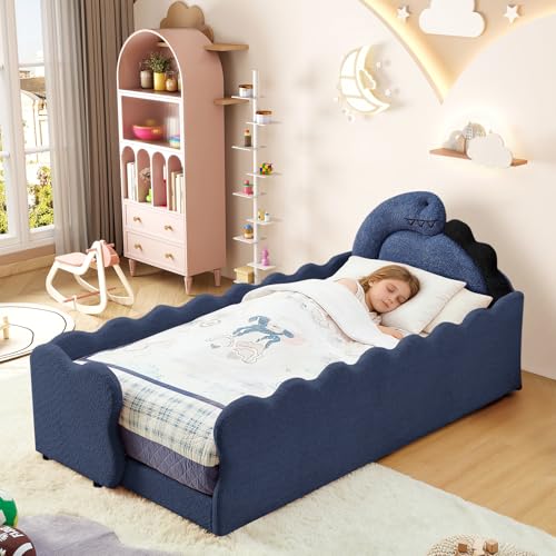 Image of Twin Size Kids Floor Bed Frame, Upholstered Montessori Platform Bed Cute Dinosaur-Shaped Daybed Frame for Girls Boys, No Box Spring Required, Blue