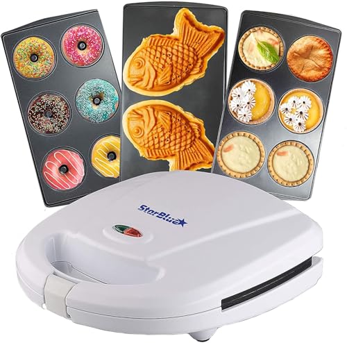 StarBlue - Máquina para hacer minidonas, minitartas y quiches, perfecta para cocinar taiyakis y postres, con 3 placas desmontables, blanco, CA 220-240 V, 50/60 Hz y 700-800 W