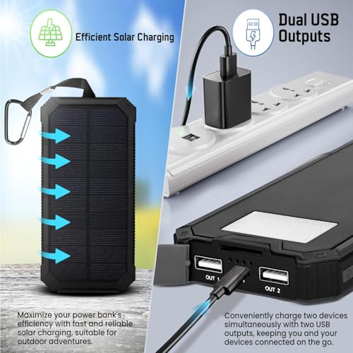 Image of GIGALUMI 10000mAh Camping Solar Power Bank Built-in COB Flashlight Portable Charging Device with LED Indicators 2 USB Output Ports & USB-A to Micro-USB Cable for Trekking and Climbing Hiking (Pack 1)
