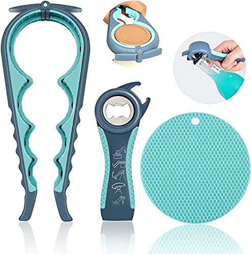 Set Di 3 Apribottiglie, 5 In 1 E 4 In 1, Apribottiglie In Vetro Multifunzionale, Facile Da Usare Per Bambini, Anziani E Persone Artritiche, Aiuto Di Presa In Silicone (Blu)