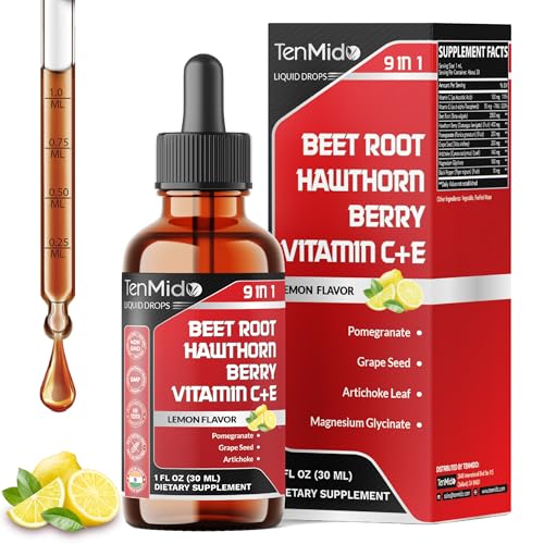 Tenmido 9in1 Beet Root Extract Liquid Drops with Vitamin C Vitamin E Hawthorn Berry Pomegranate Grape Seed Artichoke Magnesium Glycinate and Black Pepper - 30ml 1 Fl Oz