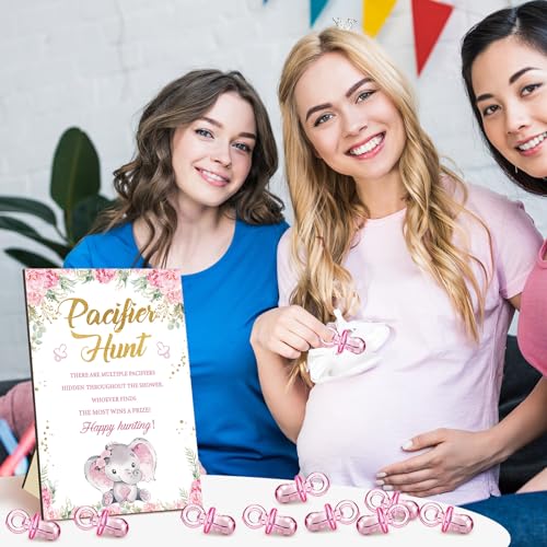 Image of Thyle 51 Pcs Pink Elephant Pacifier Hunt Baby Shower Games Include Hunt Sign 50 Acrylic Pacifiers It's a Girl Pink Elephant Theme Baby Shower Game Decoration Gift Sets for Gender Reveal Party Decor