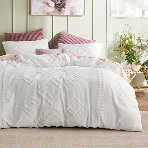 Bedsure Duvet Cover Queen Size - Boho Duvet Cover Sets for All Seasons, 3 Pieces Chic Geometric Tufted Home Bedding, Comforter Not Included (White, Queen, 90' x 90')