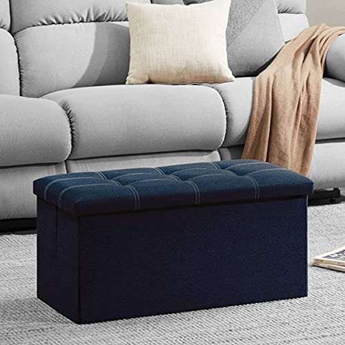 Image of ABTRIX WITH AB 30 inches Storage Ottoman Bench, Foldable Footrest Shoe Bench with 80L Storage Space, End of Bed Storage Seat, Support 150kg, Linen Fabric, Dark Blue
