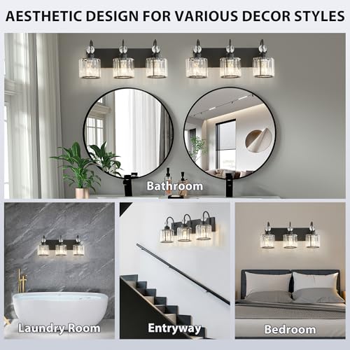 Image of Bathroom Vanity Light Fixtures Over Mirror - Makeup Lighting Black - for Modern Wall, Bath, Desk, Farmhouse, Hallway (3 Crystal Lights)