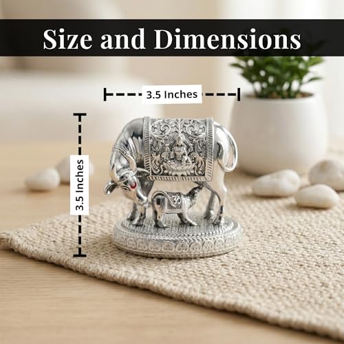 Image of 999 Pure Silver Plated Kamdhenu Cow Idol - 3.5 Inch Auspicious Vastu Home Decor for Pooja Room and Mandir - Sacred Symbol of Prosperity, Abundance and Luck - Ideal Religious