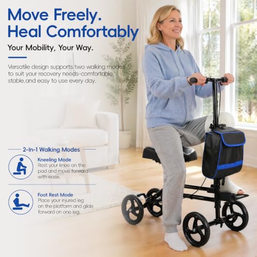 Image of BlessReach Premium Knee Scooter - High Carbon Steel Knee-Scooter with Shock Absorption & Removable Bag, Adjustable Foldable Knee Scooters for Foot /Ankle Surgery Recovery