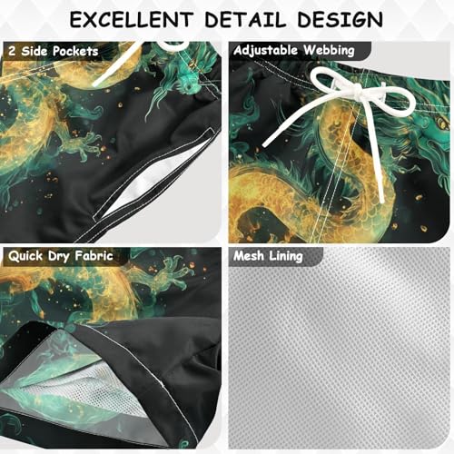 Pigsaly Boys Swim Trunks Fire Chinese Dragon Green Boys Board Shorts Swimsuit Swimwear Summer Bathing Suit XS3