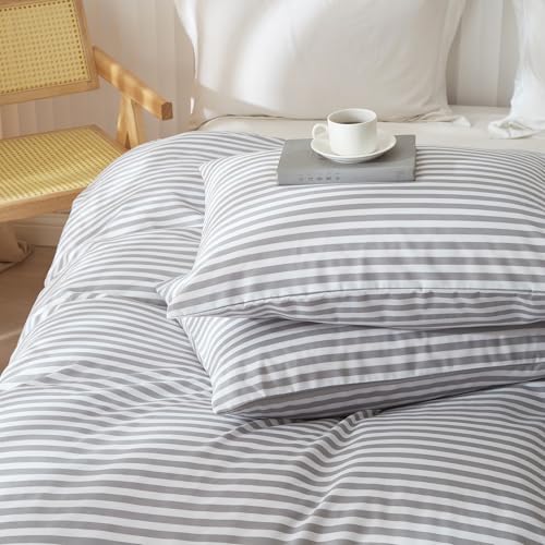 Image of King Size Comforter Set 3 Pieces Striped Comforter Set King Modern Style Boho Bedding Comforter White Grey Stripes Pattern Comforter Set Fluffy Lightweight Farmhouse Bed Comforter for All Season