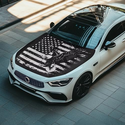Image of Car Hood Cover, Retro American Flag with Eagle, Stretchable Car Hood Protector, Auto Patriotic Decorations, Waterproof Sun-Proof Automotive Exterior Accessories