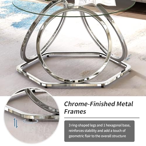 O&K FURNITURE Glass Coffee Table, Modern Silver Coffee Table Living Room Table with Hexagonal Base, Round Coffee Table for Home&Office, Chrome Finish, 1 PC
