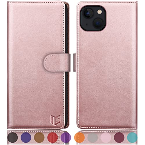 Coque portefeuille iPhone 14 SUANPOT protection clapet simili cuir or rose