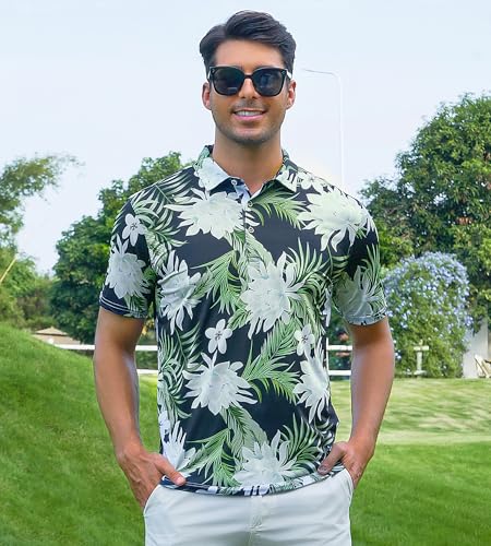 Alex Vando Mens Hawaiian Golf Shirt Moisture Wicking Digital Print Golf Shirts for Men