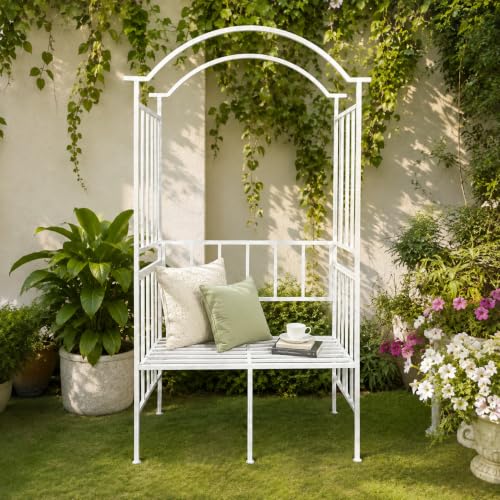 Image of ecofynd 6.8 Feet High 3.8 Feet Wide Garden Arch with 2-Seater Bench, Metal Arbor Trellis for Climbing Plant with Outdoor Garden Chair, Backdrop Stand for Wedding Lawn Backyard Party Decor (GC004-WHT)