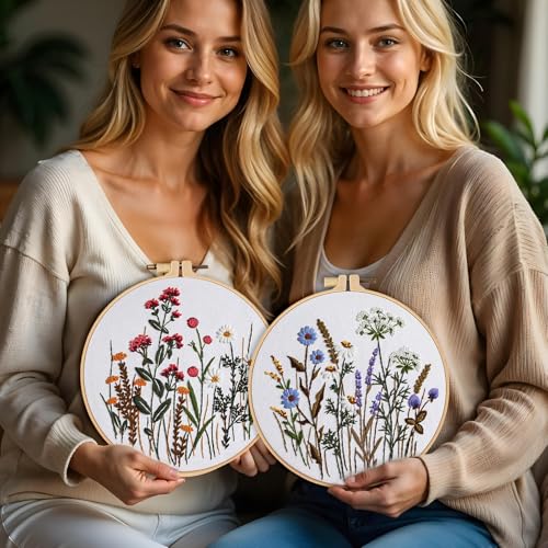 Image of Yuanan 4Pcs Pre-Printed Cross Stitch Kits, Complete Embroidery Kit for Beginners, Floral Embroidery Patterns for Beginners