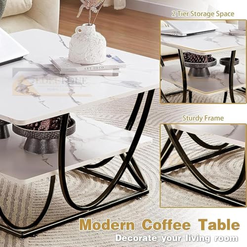 Image of EDEUEQUE Modern Center Table Coffee Table Sofa Side Table for Living Room Cocktail Table End Table with Storage Wooden Tabletop-Marble Print with Metal Frame (Black and White)