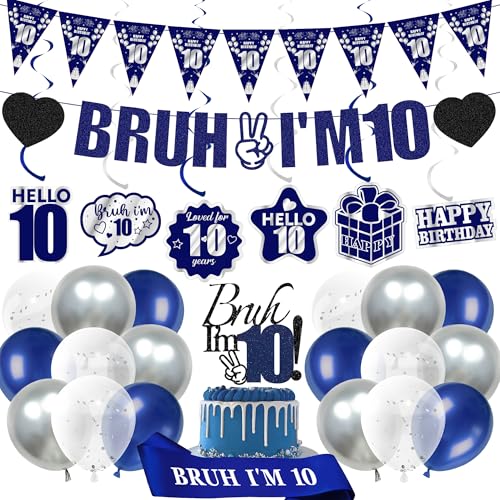 10th Birthday Decorations Balloons Boys - 28 Pcs Blue Bruh IM 10 Banner Swirl Hangings Latex Confetti Balloons Sash Cake Topper for Kids Boy 10 Years Old Birthday Party Decor Supplies