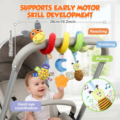 Image of SNOWIE SOFT Baby Spiral Activity Toy for Stroller & Crib, Plush Hanging Toys with Silicone Sensory Toy, Crinkle & Squeaky Cartoon Soft Interactive Car Seat Spiral Wrap Travel Toys
