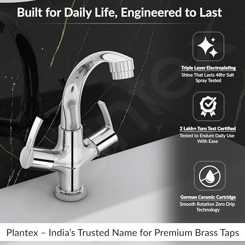 Image of Plantex Pure Brass Wash Basin Tap /Sink Mixer Tap Hot and Cold /Pillar Spout for Wash Basin /Kitchen Mixer Tap-7 Year Warranty (Chrome)