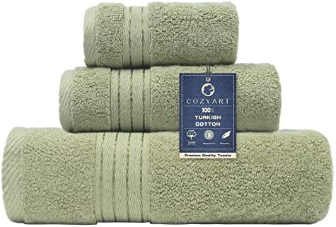 COZYART Luxury Sage Green Bath Towels Set 3 pcs, Turkish Cotton H...
