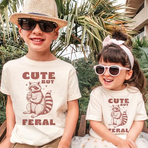 Kids Funny Vintage Raccoon Shirt - Cute But Feral Child Sarcastic Raccoon Pun Toddler & Youth Shirt - Natural Boys & Girls Graphic Tee2