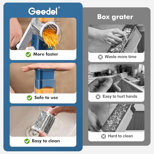 Image of Geedel Rotary Cheese Grater, Kitchen Mandoline Vegetable Slicer with 3 Interchangeable Blades, Easy to Clean Rotary Grater Slicer for Cheese, Vegetables, Nuts