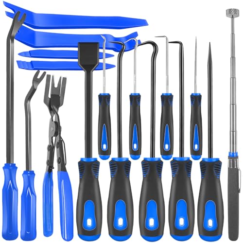 KEZE Lot de 17 outils de retrait de garnitures de voiture, pince à clip, grattoir de joint, outil de ramassage magnétique télescopique pour réparation...