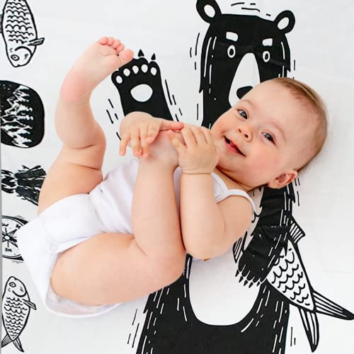 Image of Dear Baby Gear Bears Deluxe Baby Blanket - Reversible, Milestone & Newborn Gifts for Girls and Boys - Bear with Fish - Reversible with Bears, Fish, Fires on White - 40 inch x 30 inch