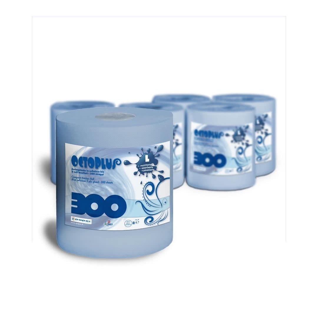 ZPAPER - 6 Monorotoli Blu OCTOPLUS 1800 Strappi totali - Bobine Rotoli Asciugatutto 300 strappi carta Cellulosa Blu 2 Veli Bobina Asciugamano. Scatolati