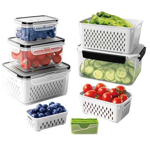 4 PCS Fruit storage Containers for Fridge with Removable Colander and Chopper Set, Leakproof Food...