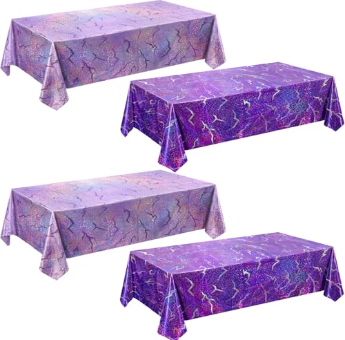 LHFYACI 4 Pack K-Style Holographic Laser Purple Tablecloth Iridescent Party Decorations Shiny Lightning Disposable Table Covers for Birthday Bridal Shower Bachelorette Disco Party 54x108 Inch