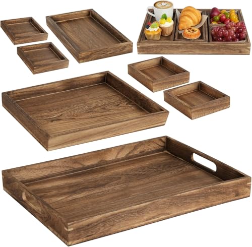 Image of Wooden Serving Trays, 7 Piece Set, Rustic Nesting Food Trays with Handles, Decorative Rectangular Platter for Ottoman, Desktop, Coffee Table, Countertop Centerpiece