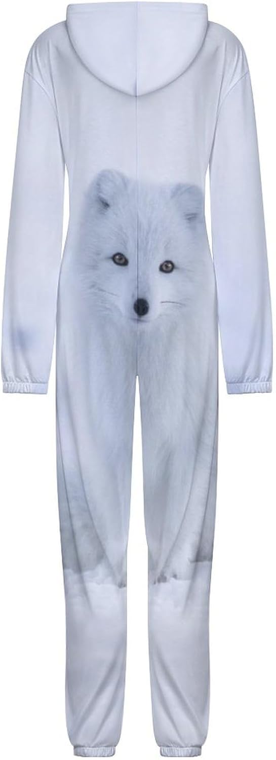 Arctic And Fox Snowy Adult Pajamas Onesie with Hood Pocket Jumpsuits One Piece Sleepwear