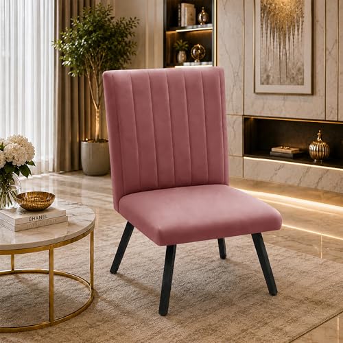 Image of Modern Velvet Accent Chair for Living Room | Upholstered Single Seater Chair with Metal Legs | Comfortable Seating for Bedroom, Office & Guest Room - Rose Pink