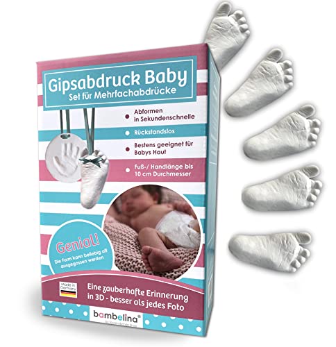 bambelina® Gipsabdruck Set Baby, bis zu 12 St. Abdrücke, Handabdruck und Fußabdruck, wiederverwendbare Form, Deutsche Herstellung, Hand und Fuß bis 10cm Länge