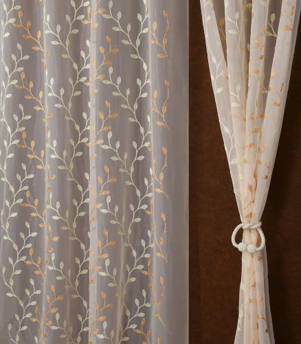 Image of Fabrilia Sheer Tissue Embroidery Curtain for Living Room, Bedroom & Dining Area | Leaf Vine Pattern Net Eyelet Curtain | Cream with Gold Touch Design | 5 feet Long Set of 2 Curtain