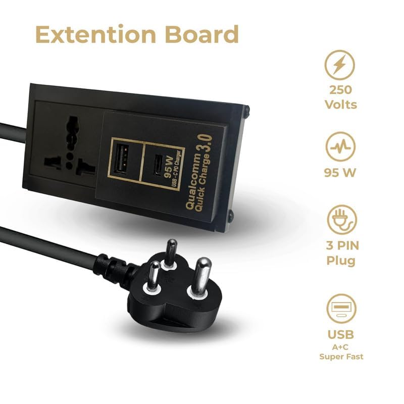 Image of MX Single Socket Extension Board with 30 Meter Heavy Duty Long Wire Cord Use to Exetend Power Socket 2500W 10A Wire Extender with Plug Perent (30 Mtr, Universal Socket + 95W USB-C + USB-A)