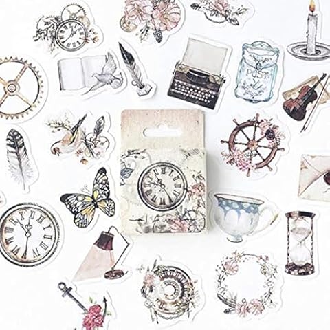 DESEACO Watercolor Vintage Stickers, Decorative Scrapbooking Embellishment Supplies, Aesthetic Retro Flower Bird Clock Botanical Planner Stickers Decal, Adhesive Art Craft Gift for Envelope-Mini 92ps Cover