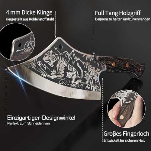 iPatio Japanisches Messer Küchenmesser Profi Messers, Original Japanisches Kochmesser im Damaststahl, Hackmesser Ausbeinmesser mit Lederscheide, Küchenmesser Outdoor Messer für Küchen Camping BBQ
