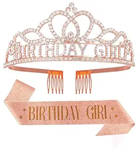 Birthday Tiara and Crown with Sash for Women, Hair Accessories for Wedding Party Costume (A1 - Rose Gold)